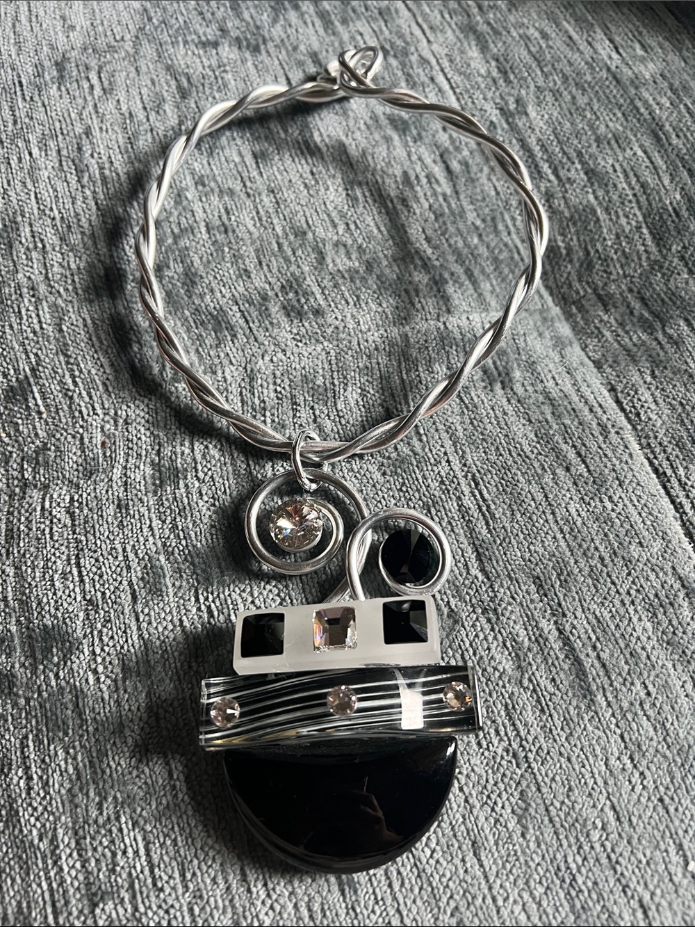 Silver and Black Pendant Necklace with Crystal Accents